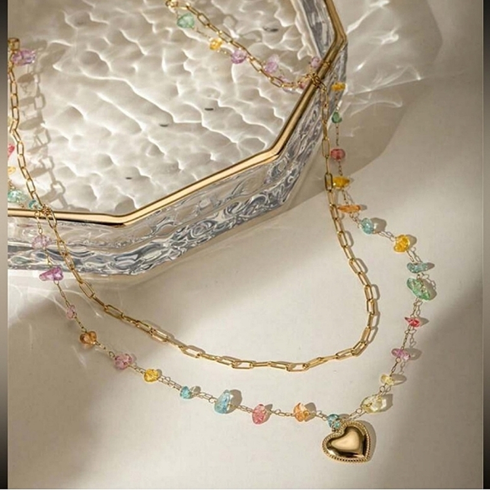 Anthropologie Layered Raw Stone Gold Heart Paper Clip Chain Necklace